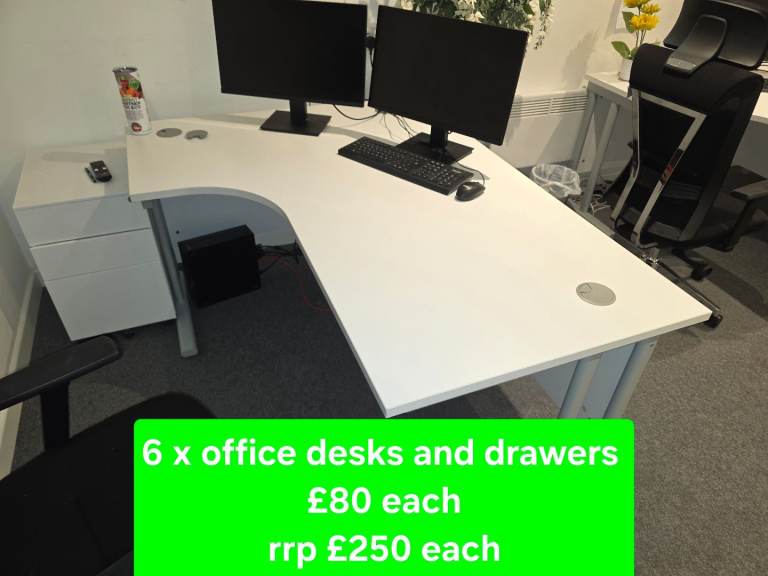 Office desks, chairs, pcs, monitors, printers