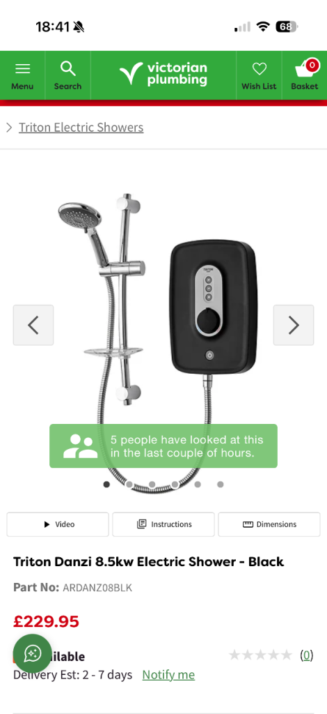 Brand New Triton Danzi 8.5kW Electric Shower - Soft Black
