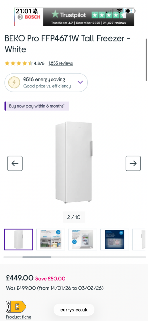 Beck upright freezer 