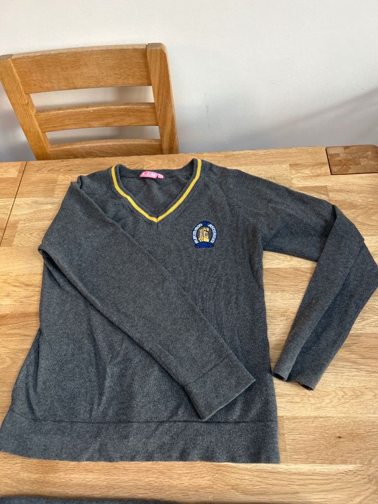 Whitchurch high uniform Grey V-Neck Jumper with Yellow Trim – Good Condition