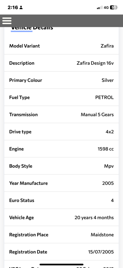 Vauxhall, ZAFIRA, MPV, 2005, Manual, 1598 (cc), 5 doors