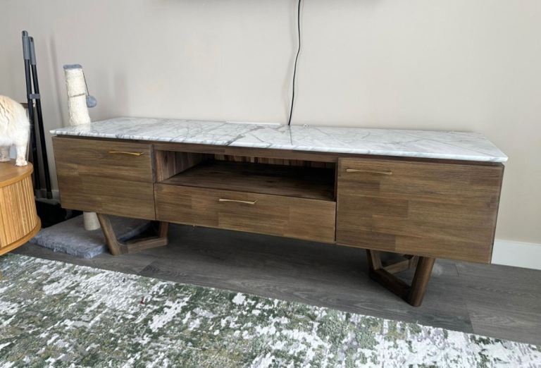 FREE DELIVERY OAK FURNITURE LAND ACACIA SOLID OAK MARBLE TOP TV BENCH WITH STORAGE GREAT CONDITION