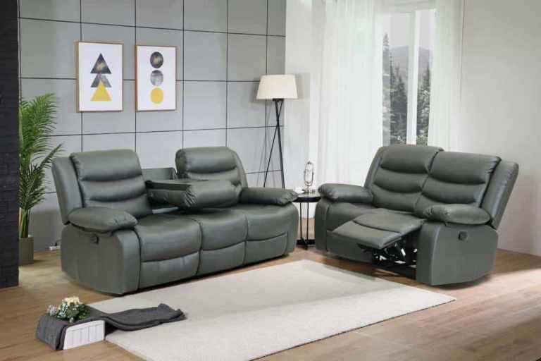 Brand New Grey Leather 3+2 Sofa Set with Cup Holder 