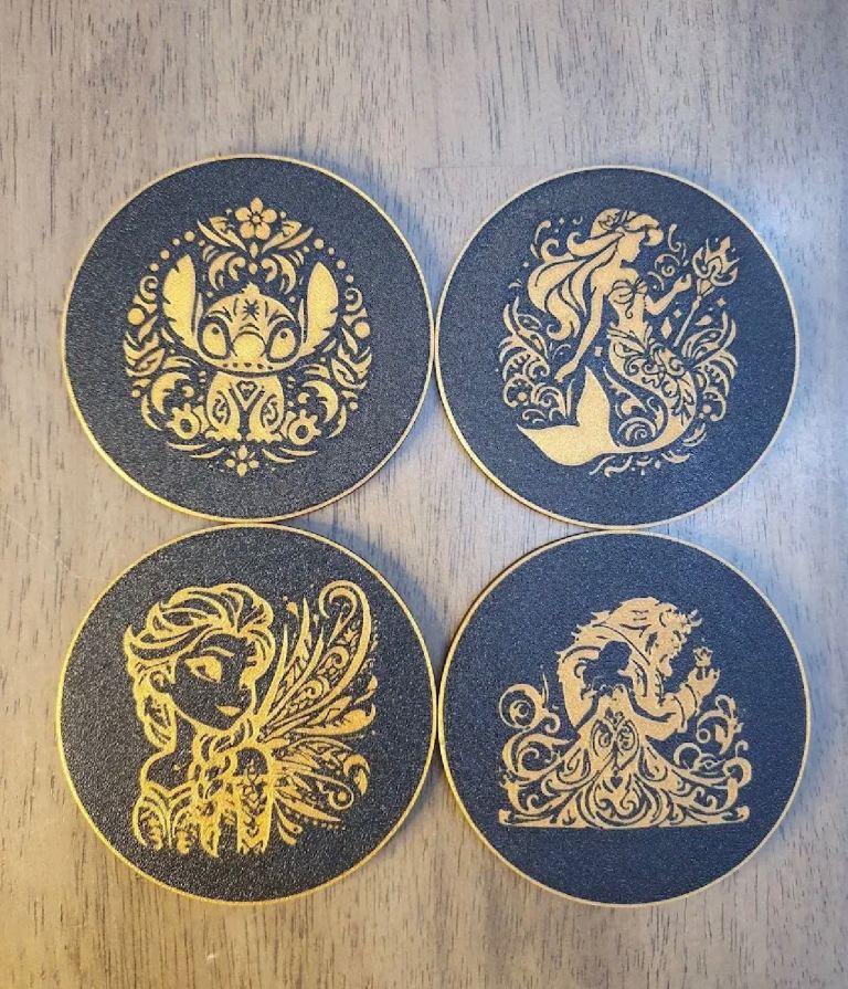 Set of 4 Disney Character Coasters - Black & Gold Plastic, New