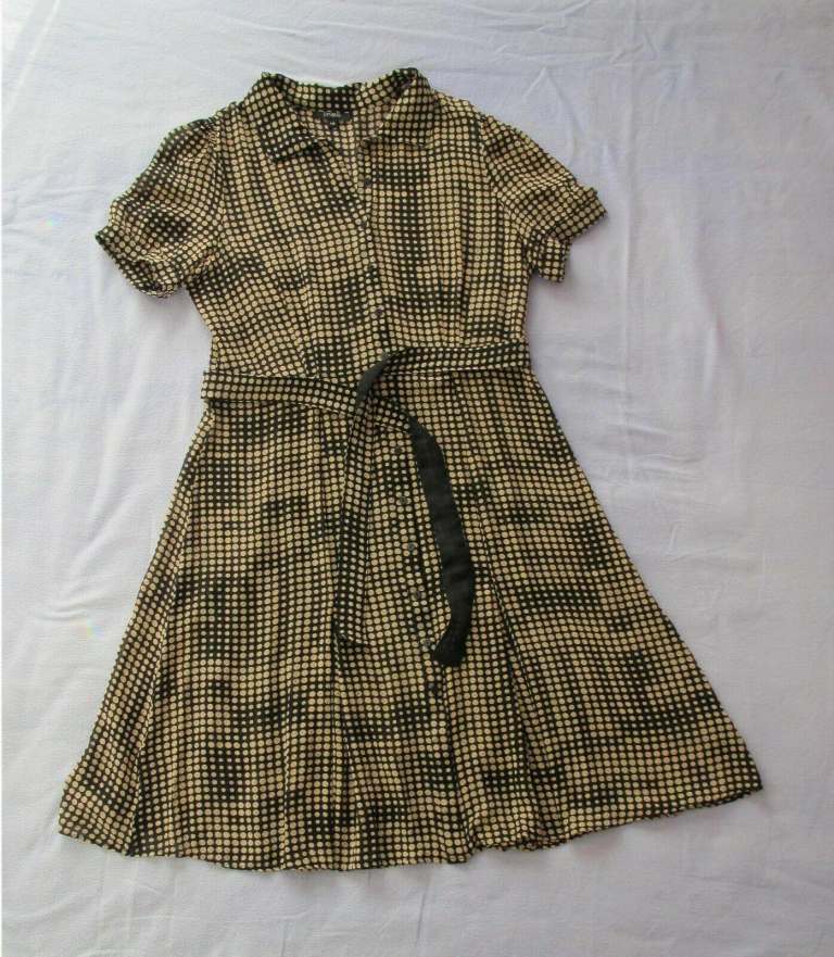 Classic, button up, brown spot, silk dress with matching fabric belt 63” (161cm) by Liena