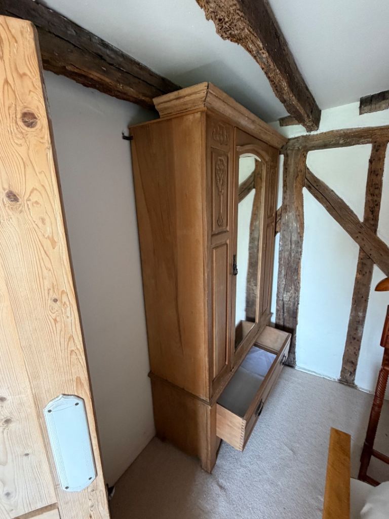 Solid period wood wardrobe with mirror door and bottom drawer 