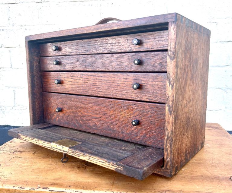 Oak four drawer antique carpenters cabinet drawer cupboard vintage tool box engineers chest