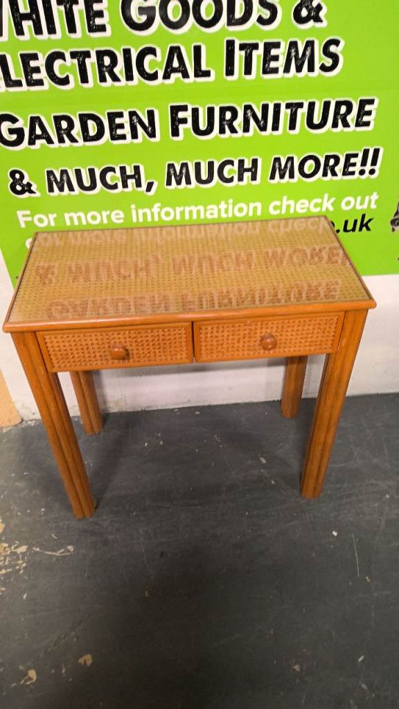 mid-century modern rattan and wood console table