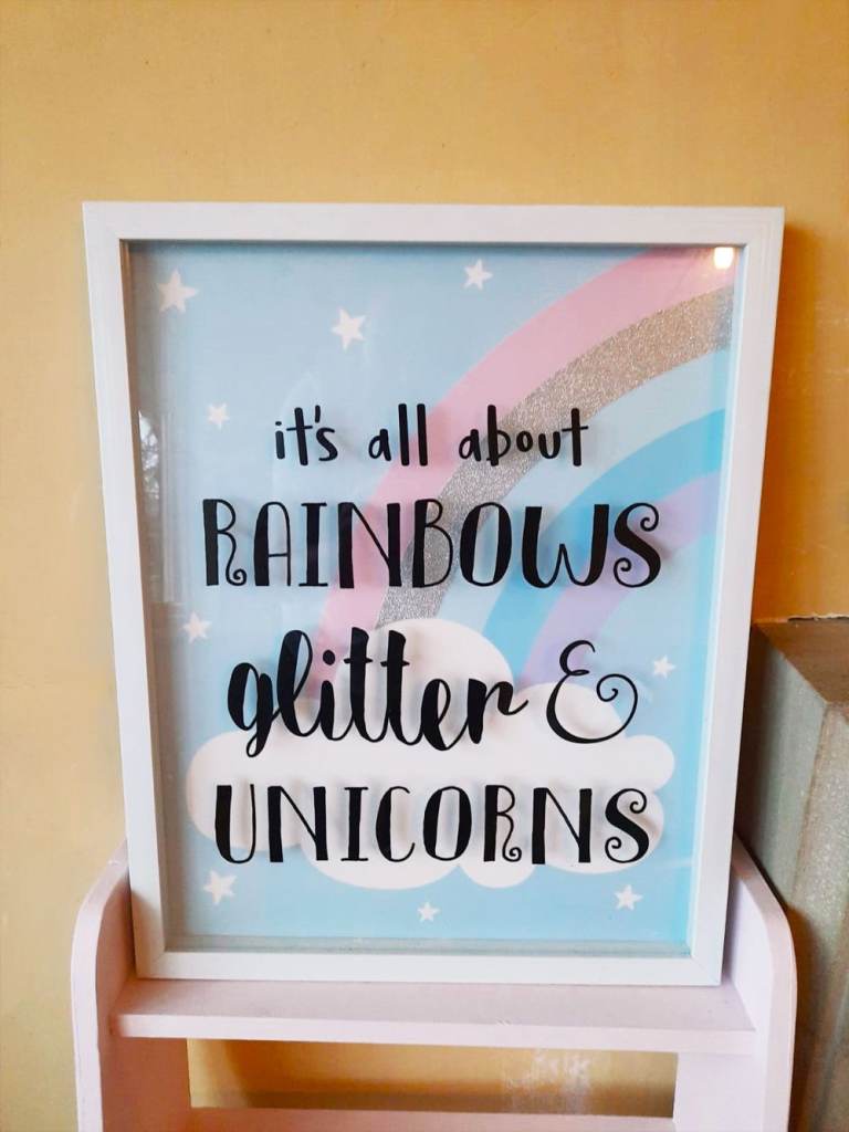 image for Large Rainbow Glitter Unicorns Framed Picture Art Painting Kids Childrens Girls Bedroom Poster Sign