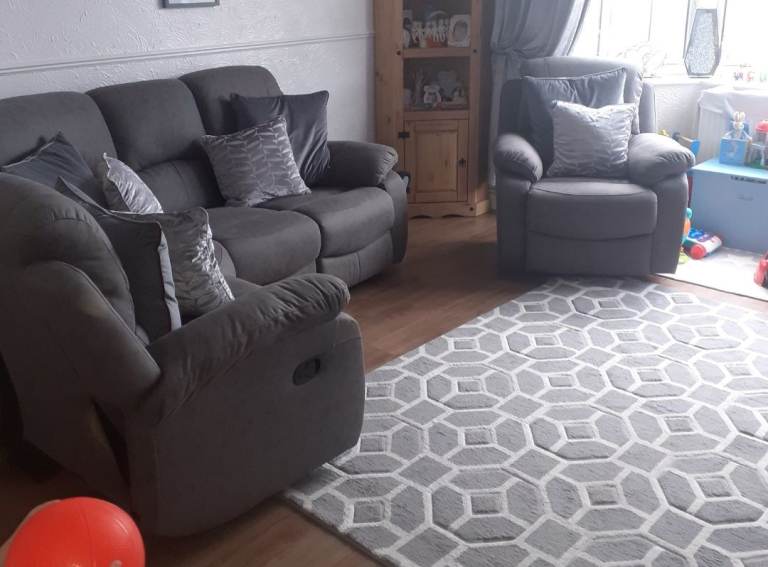 Grey fabric corner sofa and chair