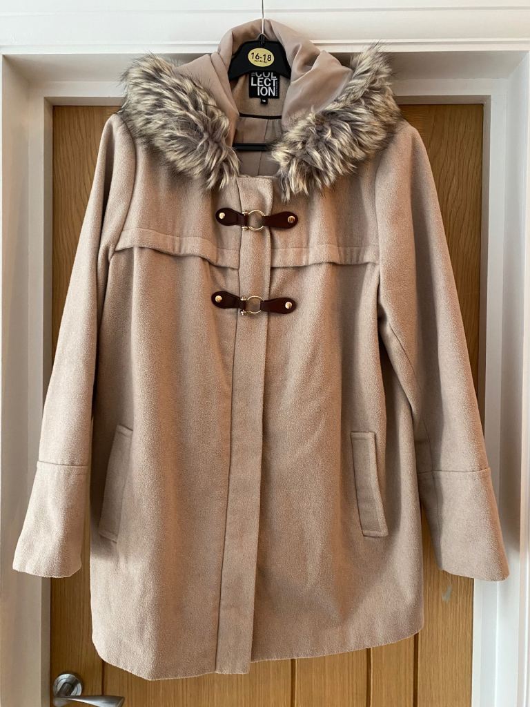 Debenhams Collection Beige Coat with Faux Fur Hood. Size 18.