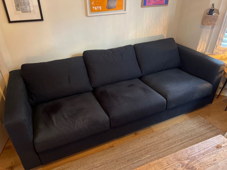 Three-Seater Navy Blue Ikea Fabric Sofa – Good Condition