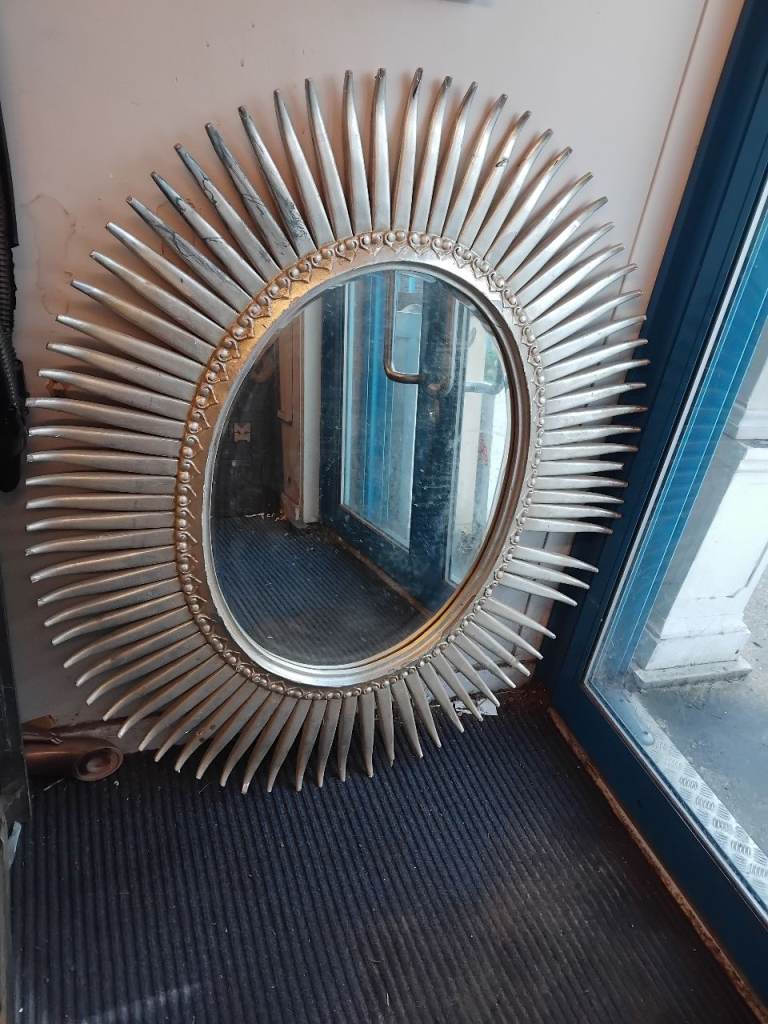 vintage-style sunburst wooden wall mirror