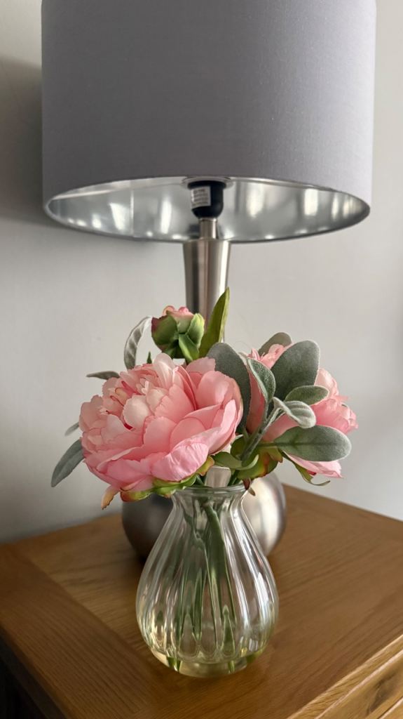 Glass Vase with Artificial Pink Flowers - Very Good Condition
