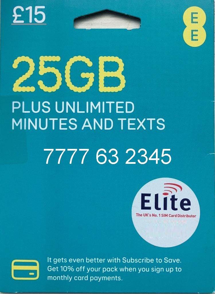 Private Golden mobile phone sim card number 7777 63 2345 EE, with £5 balance