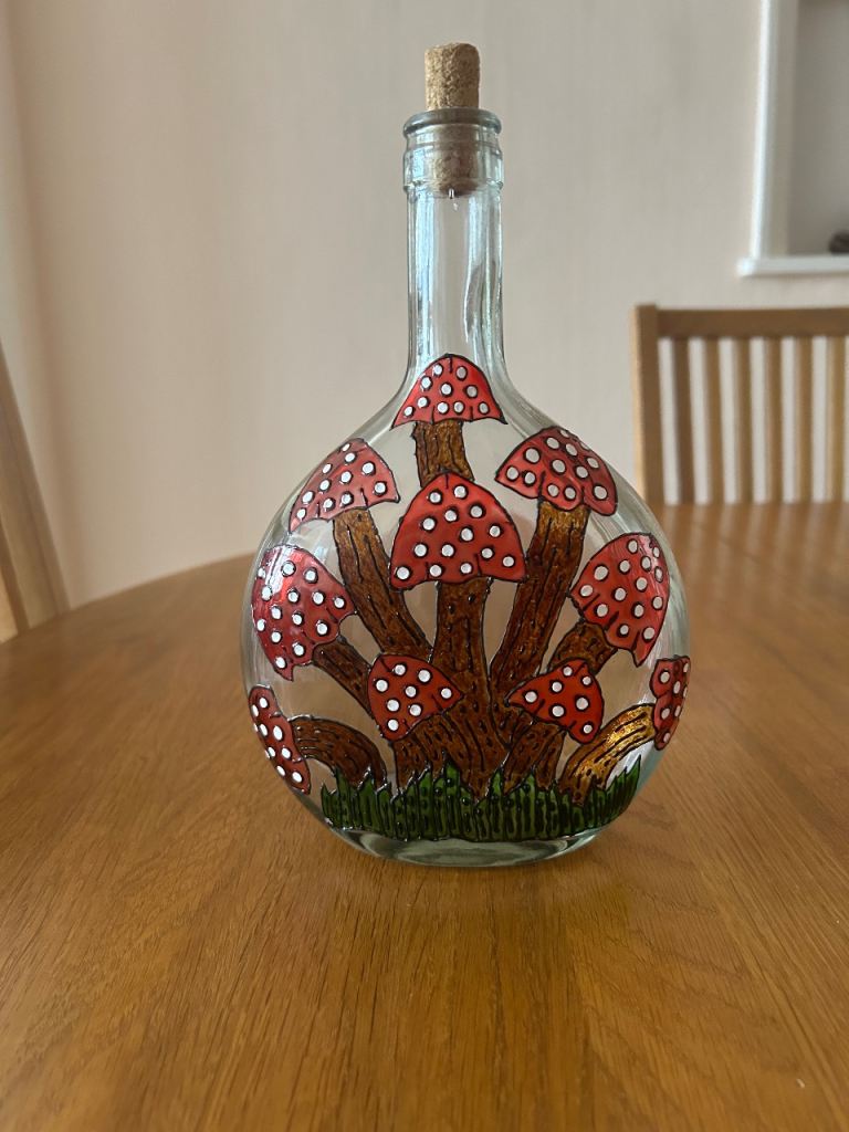 Decorative Glass Bottle featuring Mushrooms
