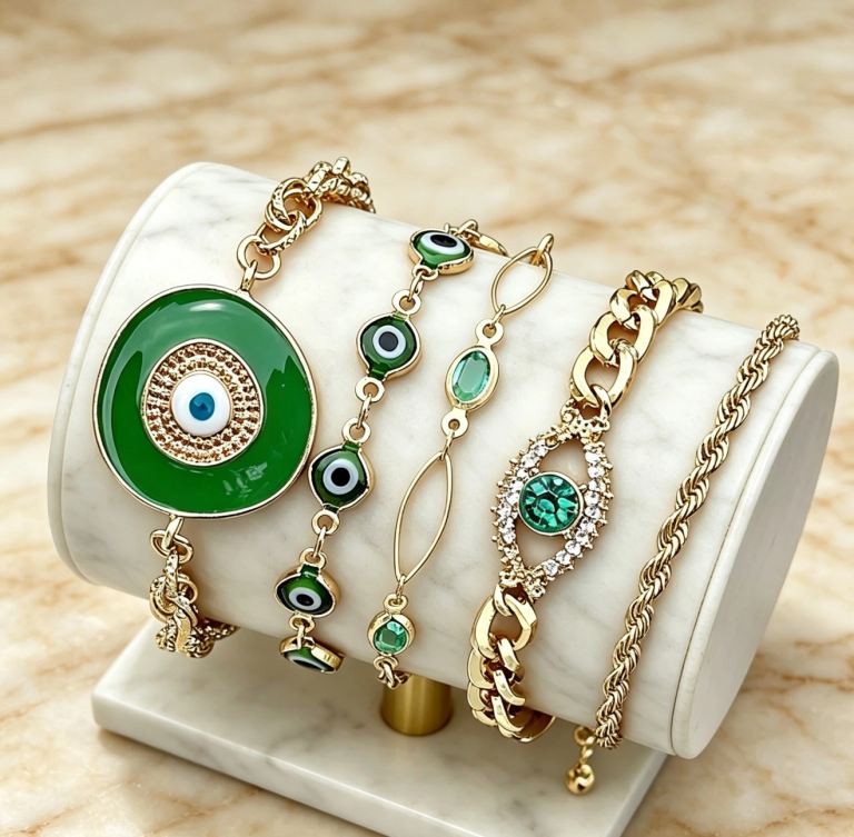 New Gold Tone Evil Eye Charm Bracelet Set