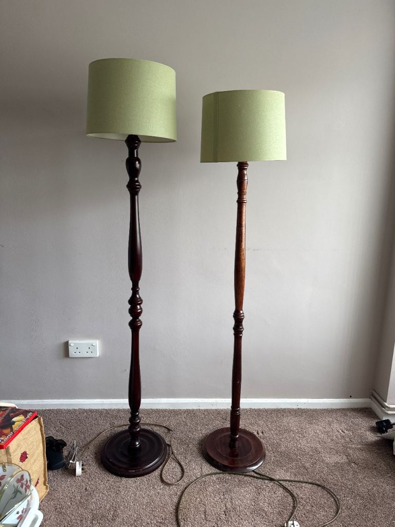 Pair of Wooden Standard Lamps with Green Shades