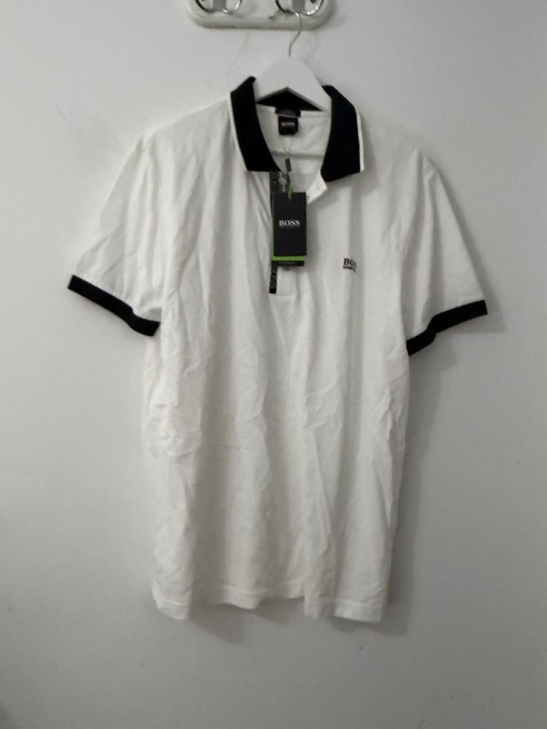 BOSS Men's White Polo Shirt with Black Collar - New with Tags, Size XL