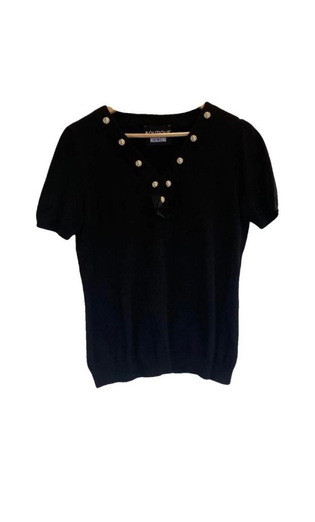 Boutique Moschino Black Short-Sleeve Jumper with Gold Buttons, UK 16