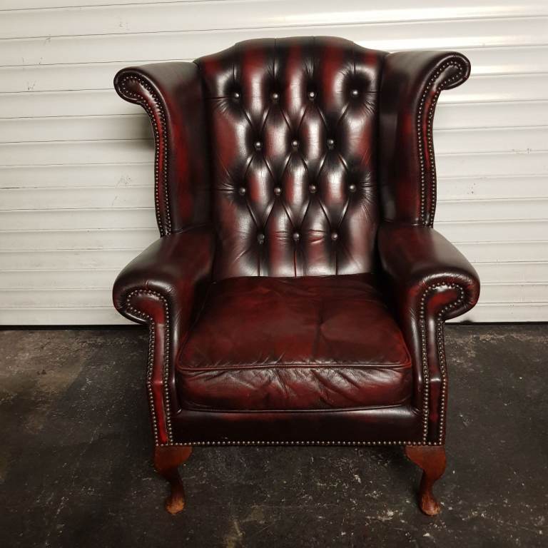 Beautiful Oxblood Leather Chesterfield Winged arm chair QUEEN ANNE - FAB CONDITION