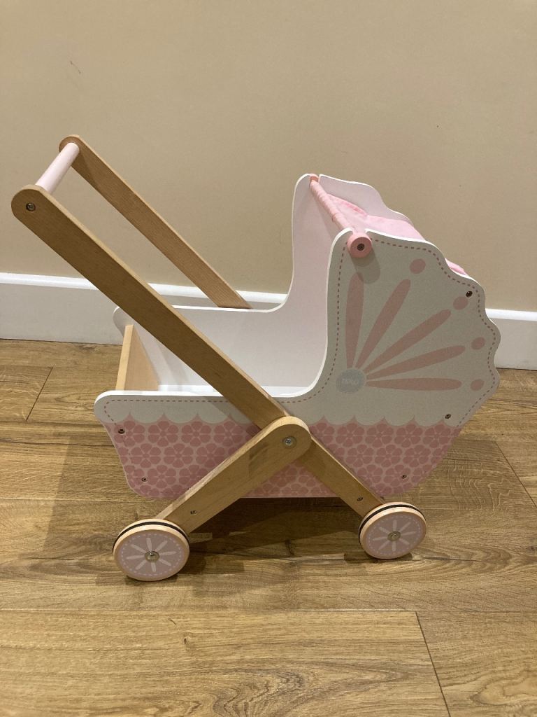 Pretty pink & white wooden dolls pram 