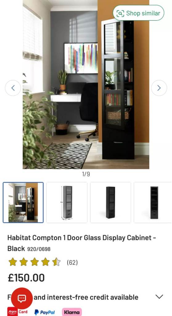 2x Black Habitat Compton 1 Door Glass Display Cabinet 920/0698