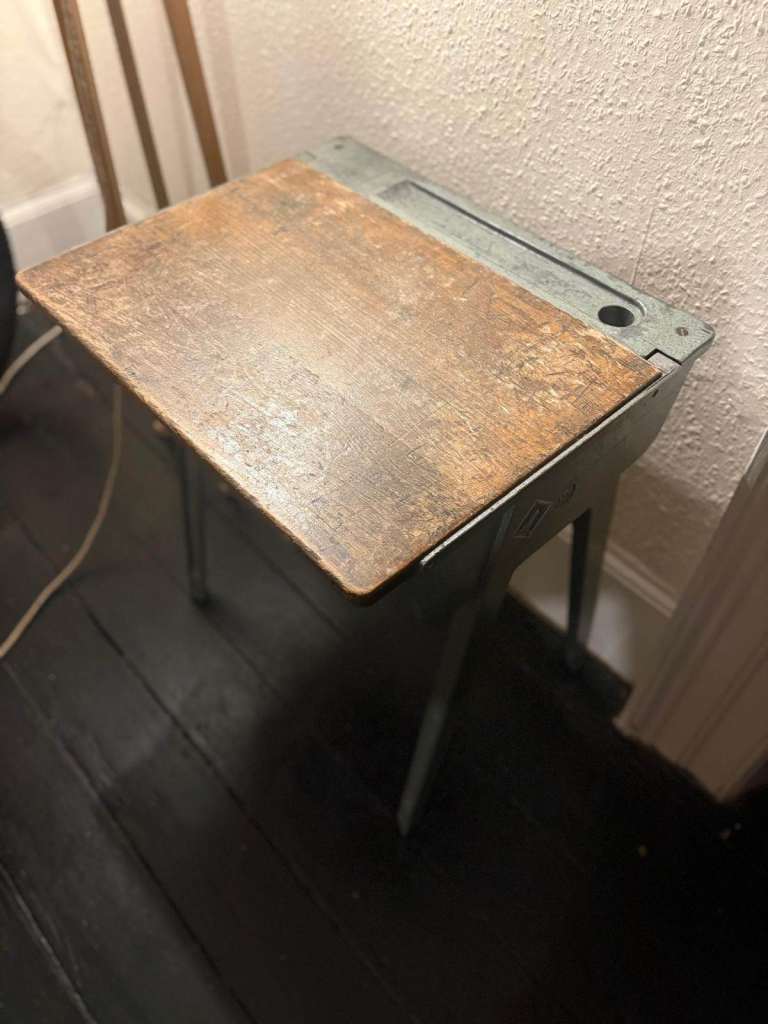 Vintage 1950s ESAVIAN wooden school desk hinged lid with metal frame