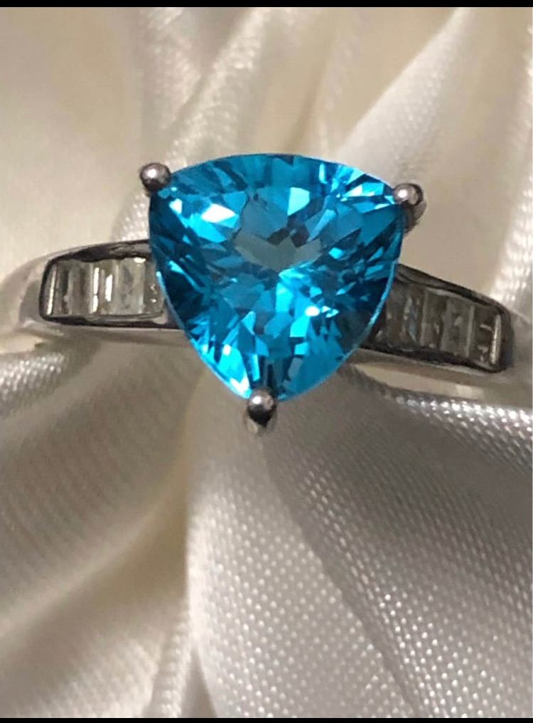 Trillion Cut Swiss Blue Topaz Baguette Diamond Ring Size S Silver 925 Platinum Overlay