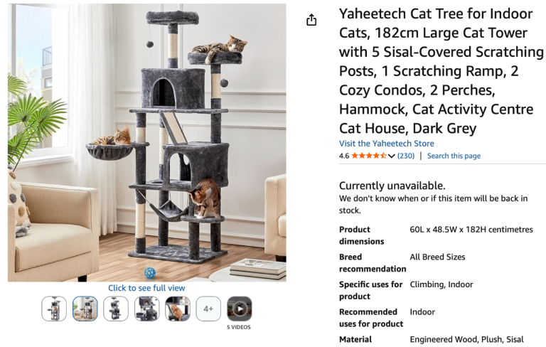 Cat tree tower with 2 perches, hammock, 2 cat condos, and scratching posts