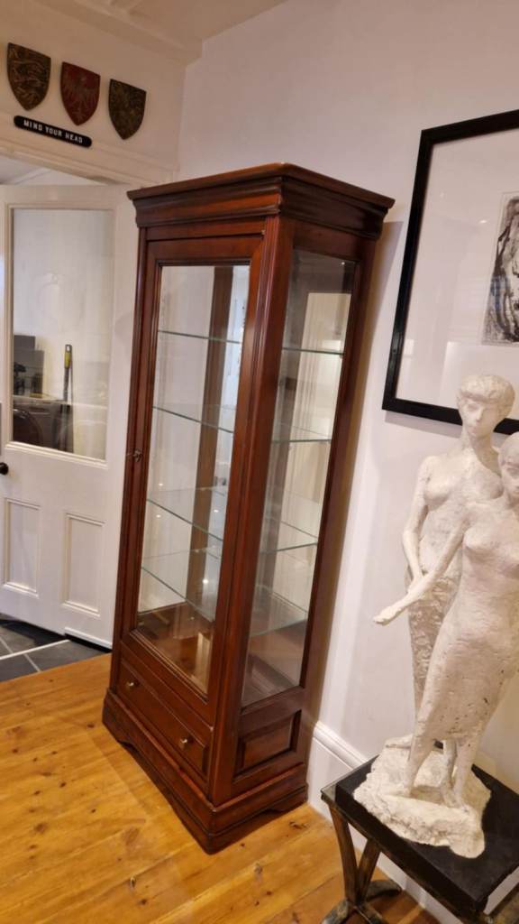 Stunning glazed shelved Ernest Menard display cabinet with drawer 