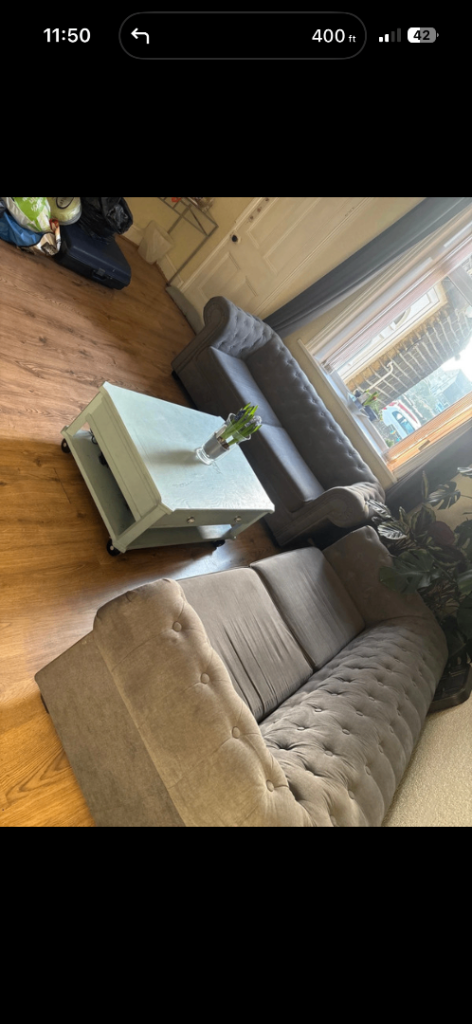 Chesterfield Style Fabric Sofa – Grey, Good Condition