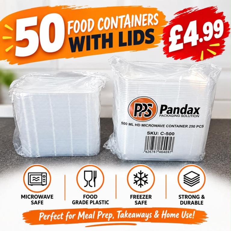 50 Pandax Food Containers with Lids – Microwave & Freezer Safe