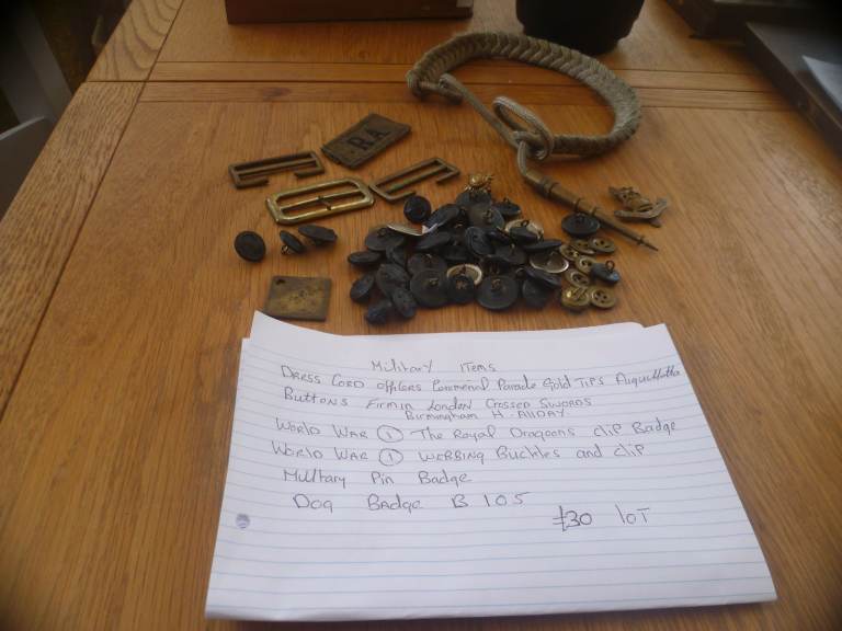 Military items pin badge buttons shoulder RA webbing buckles dress cord 