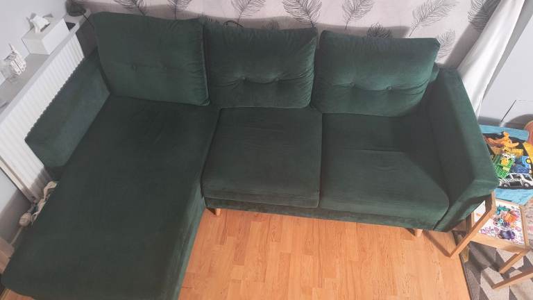 Green Fabric Corner Sofa with Storage – Good Condition