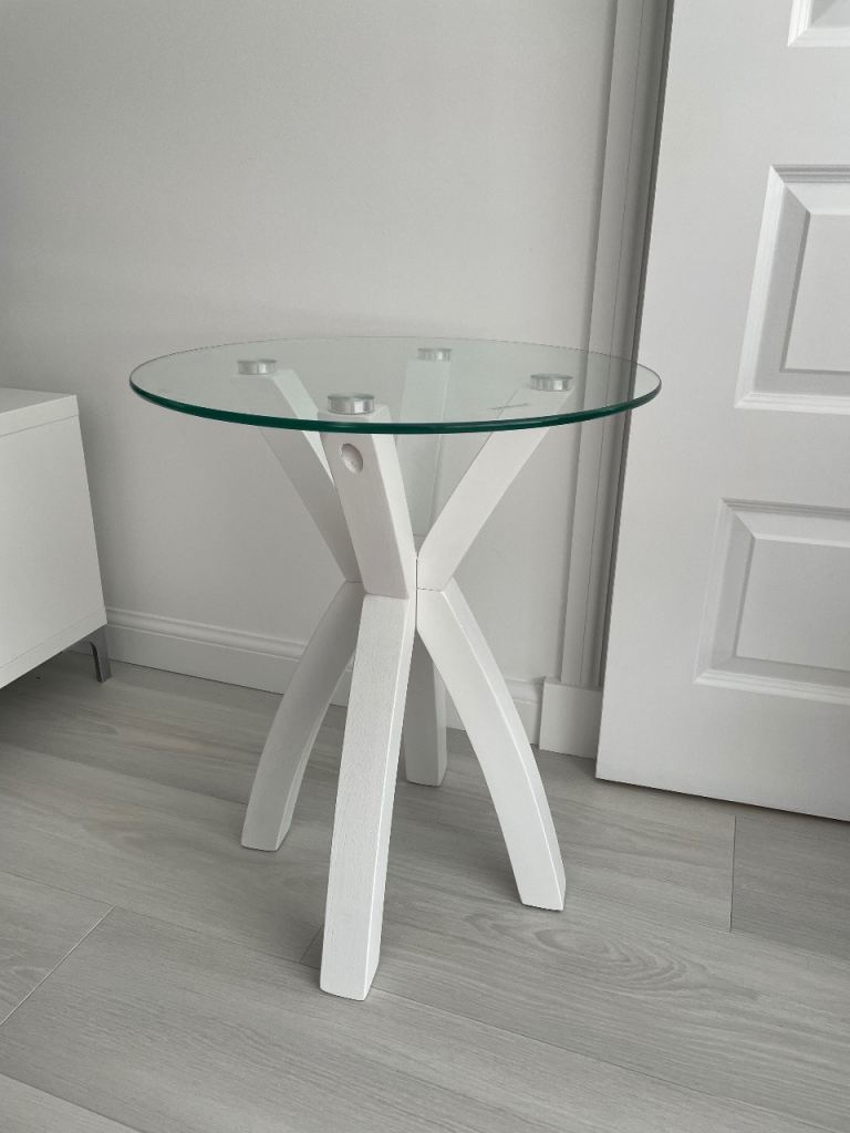 White Wooden Leg Side Table with Glass Top 