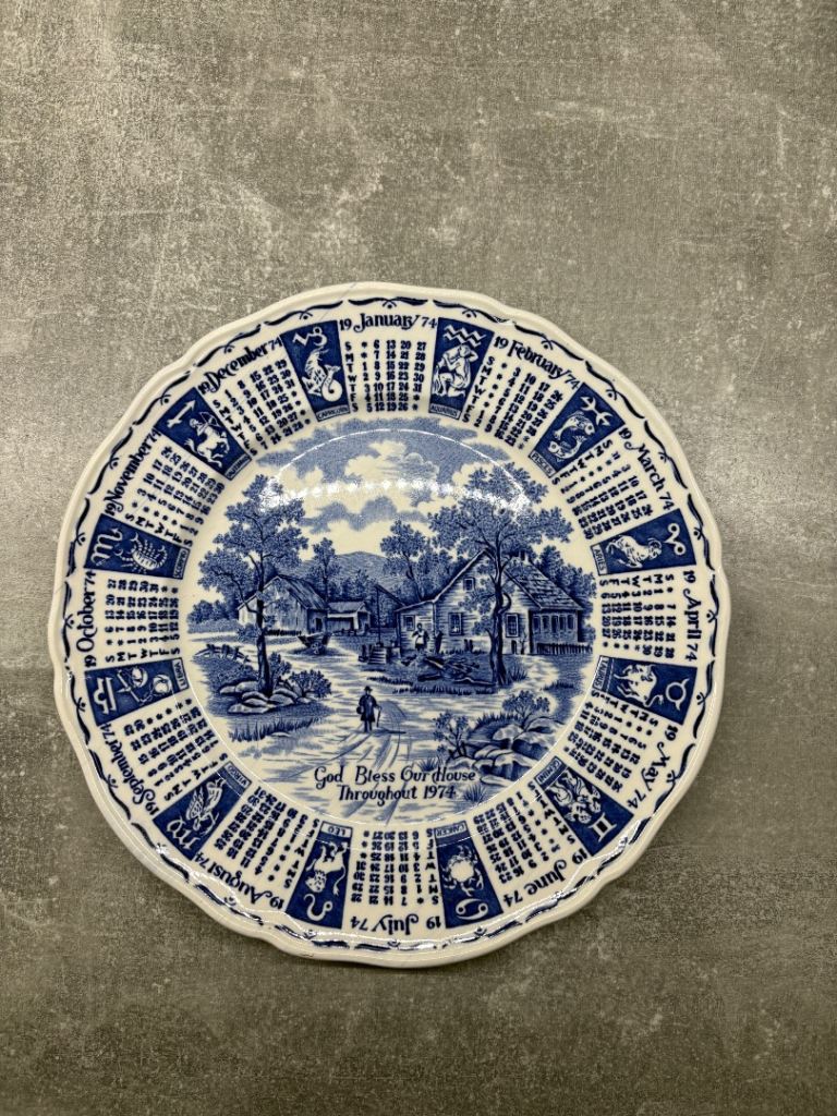 Alfred Meakin Staffordshire Blue & White Zodiac God Bless our House Throughout 1974 Calendar Plate