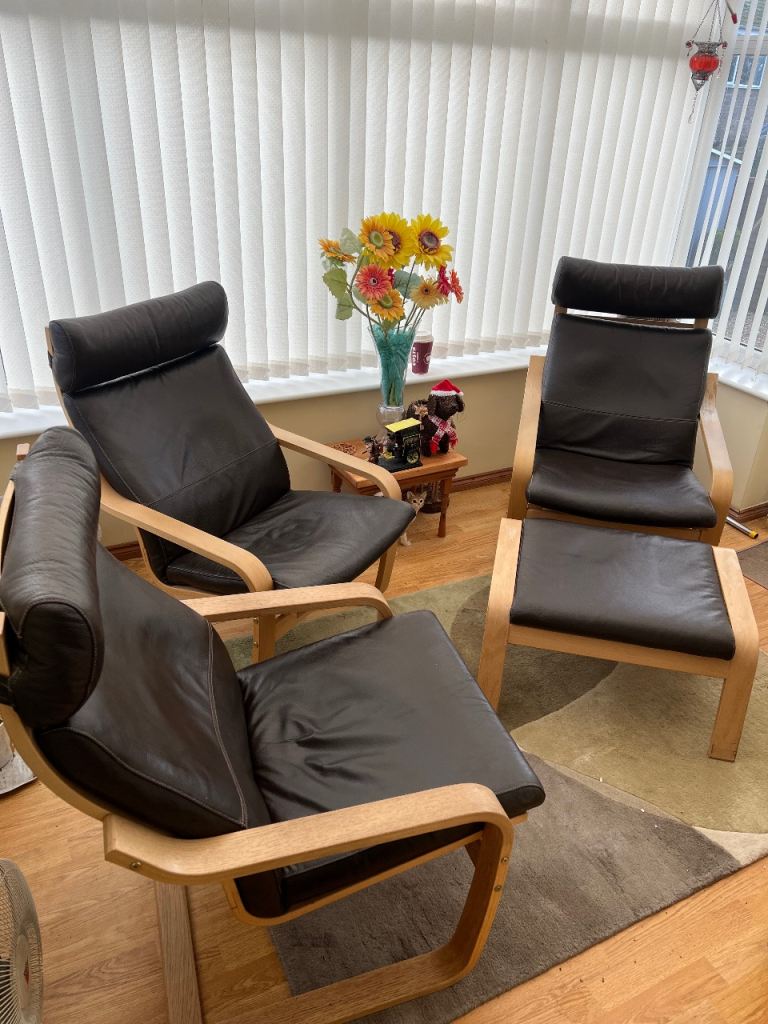 IKEA POANG Brown leather armchairs with foot rest