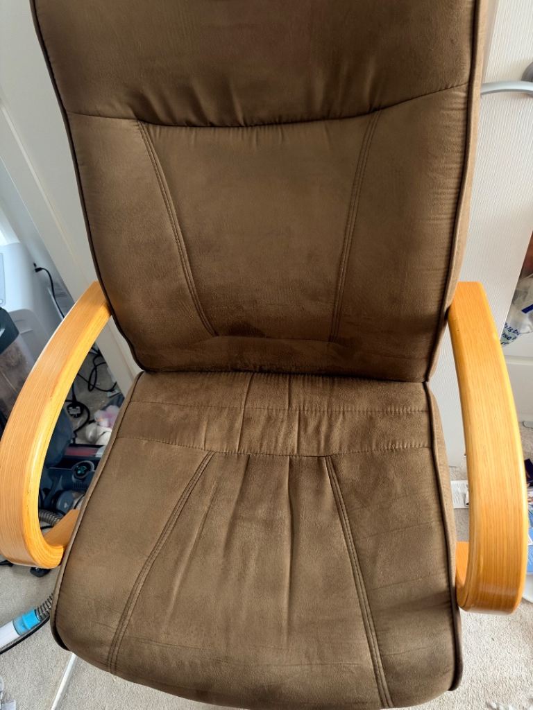 Khaki Suede Office Chair with Wooden Arms – nearly new Condition