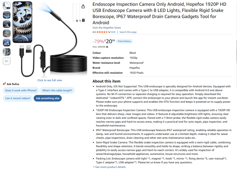 Brand New Sealed Hopefox 1920P HD Android Endoscope Camera - 50% Off!