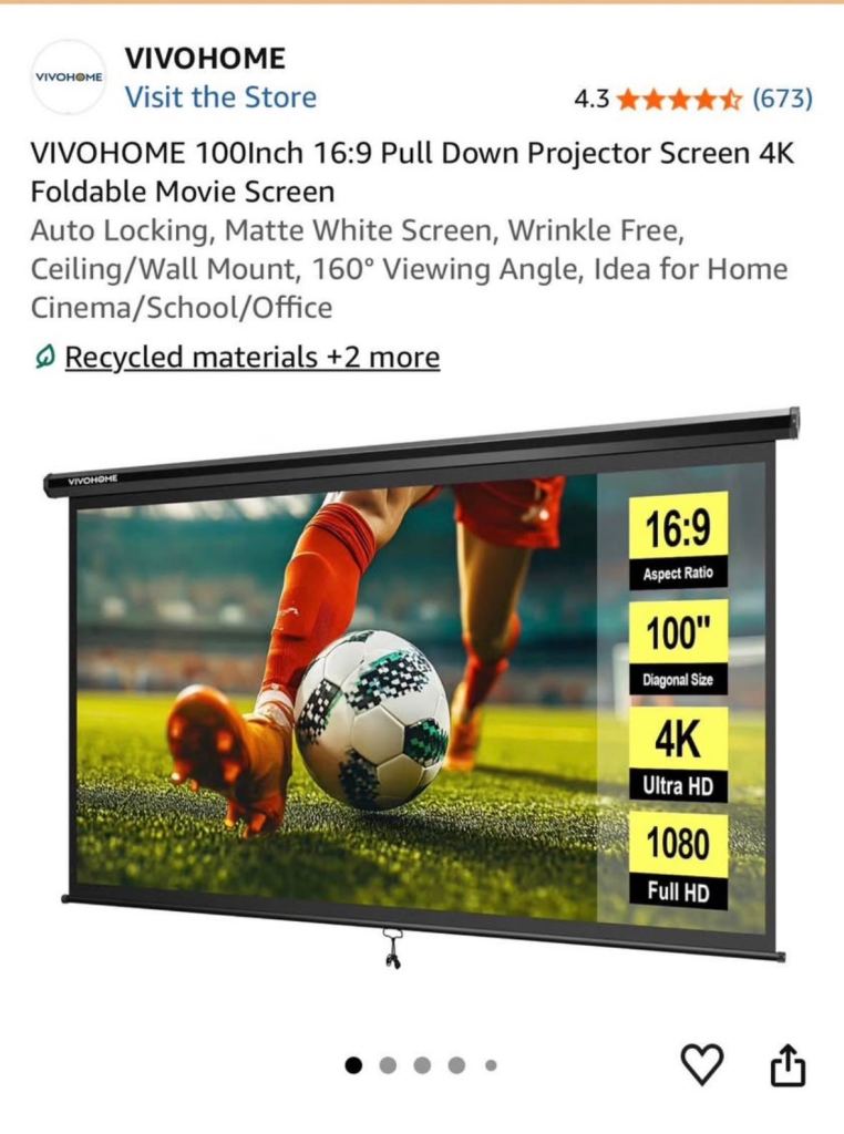 VIVOHOME 100-inch 16:9 Pull Down Projector Screen - Good Condition