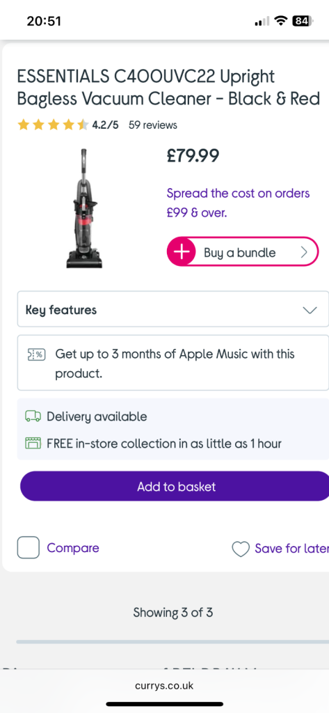 CURRYS ESSENTIALS UPRIGHT BAGLESS VACUUM CLEANER BRAND NEW NEVER BEEN USED