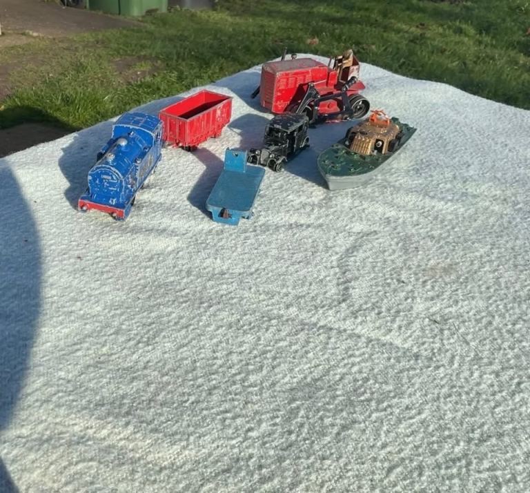 Group Of Playworn Dinky Vehicles - To Include Dinky Train & Carriage