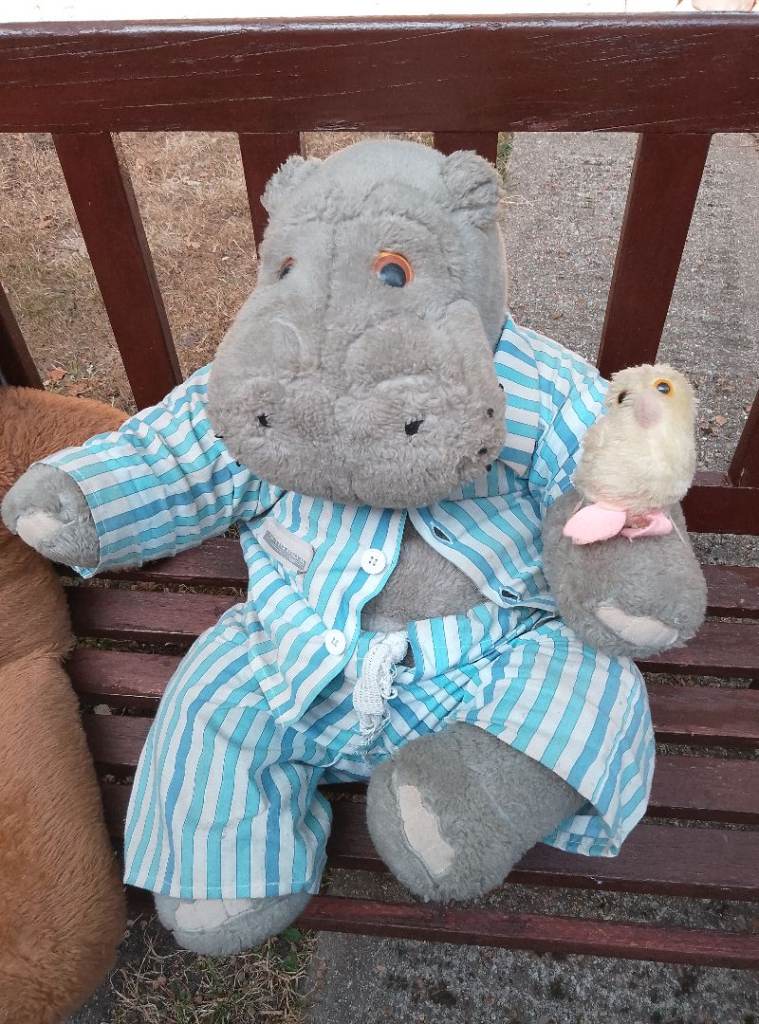Large silent night Grey Hippo Soft Toy in Pyjamas with Small Bird