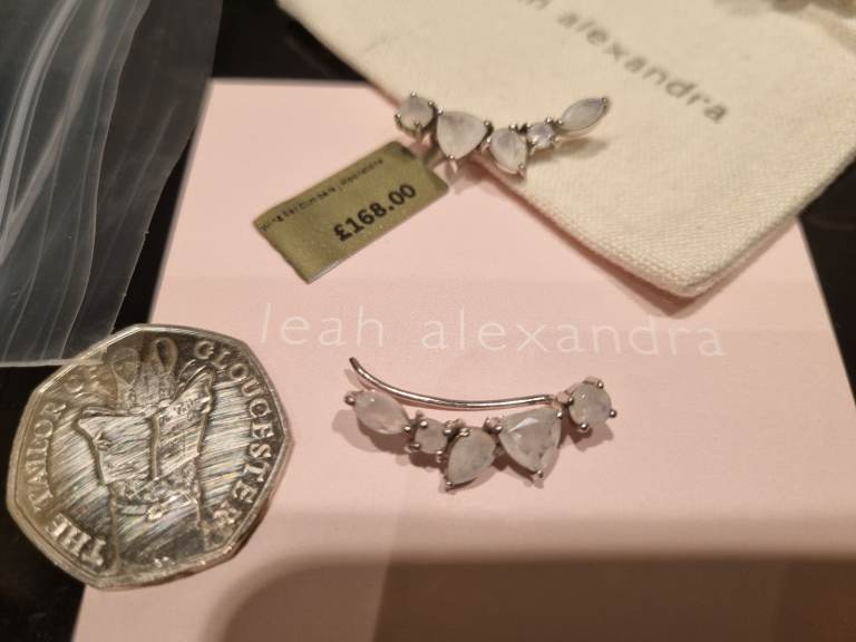 Leah Alexandra John Lewis moonstone stud climber crawler earrings.