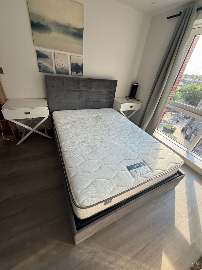 King Size Ottoman Bed with Grey Velvet Headboard and Mattress