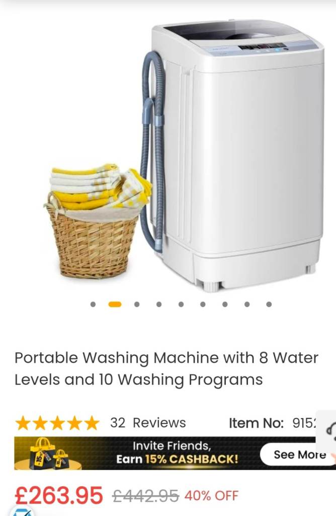 Portable washing machine with 8 water levels and 10 washing programs 