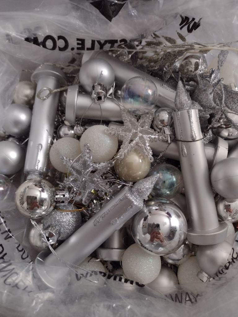 Bag of Silver Christmas Decorations – Good Condition
