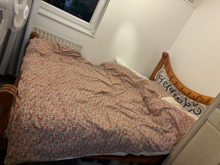 Wooden Bed Frame with Wrought Iron Detail – Good Condition