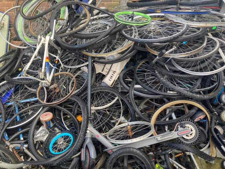 Large Pile of Bike Wheels, Tyres, and Frames – Spares or Repair